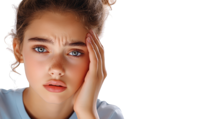 Closeup of Young Woman with Worried Expression and Hand on Head