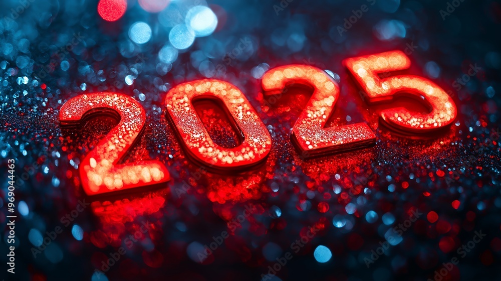 Poster the image is a close up of the number twenty-five written in red on a blue background. the red lette