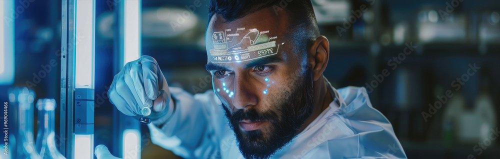 Poster a scientist wearing gloves analyzes illuminated data projections on his forehead and experiments wit