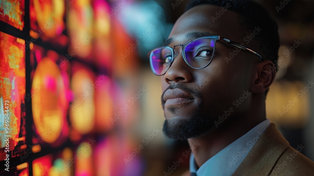 Poster a man wearing glasses is looking at a screen with a colorful image. the image is abstract and has a 