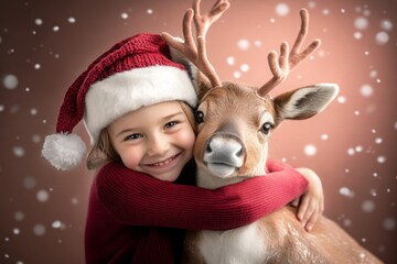 a cute little girl in red wearing Santa's hat, is hugging a lovely deer. Season greetings concept