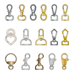 A collection of metal accessories for decorating and tailoring clothes, shoes, bags. 
Metal buckle vector flat sketch set.
Different types of metal materials, trims, clasps, buckles. 