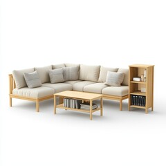 A modern, light-colored sectional sofa with cushions, coffee table, and bookshelf.