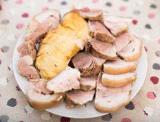 Set of cold cuts of cooked chicken and pork meat on plate