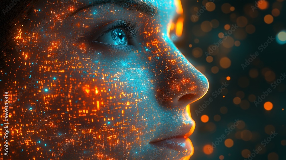 Poster a woman's face is made up of computer-generated pixels, giving it a futuristic and artificial appear