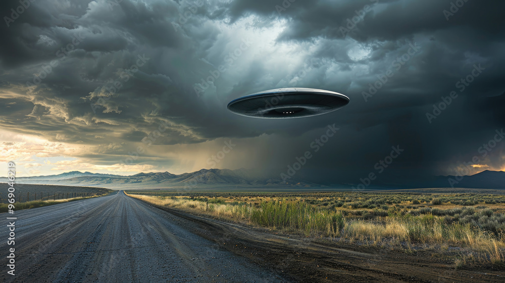 Poster a hovering unidentified flying object is spotted over a desolate road, creating an eerie atmosphere 