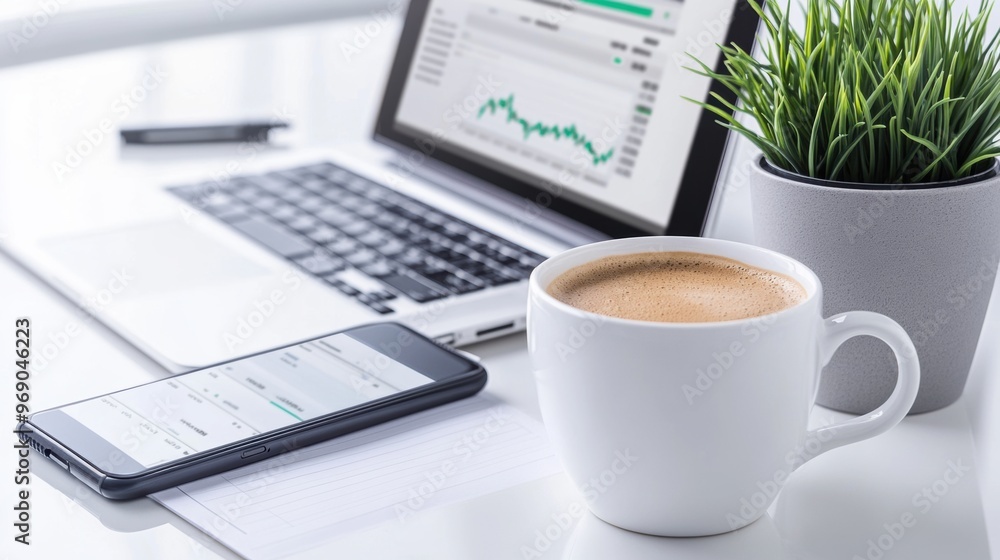 Poster a cup of coffee on a desk next to an open laptop, ai