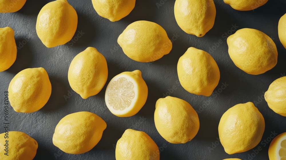 Poster numerous lemons arranged on a slate gray backdrop overhead perspective diagonal layout 3d rendering 