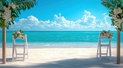 Stunning beach wedding setup with floral decorations, white chairs, and a crystal-clear ocean under a bright blue sky.