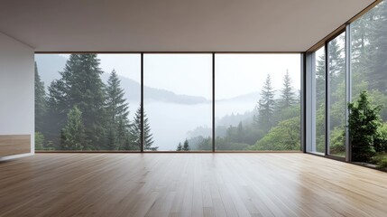 Concept of a minimalist Scandinavian interior featuring a spacious room with wooden flooring large walls and a white landscape view through the window 3D rendering of Nordic design