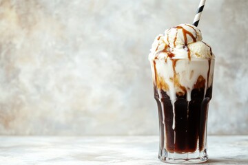 A root beer float with ice cream swirls and foam