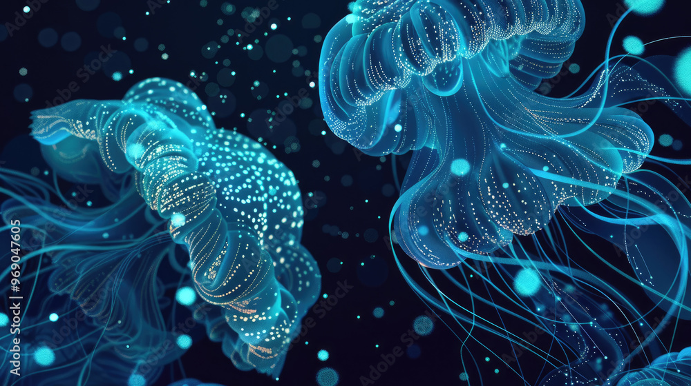 Poster two luminous jellyfish float effortlessly in dark waters, their translucent bodies glowing with intr