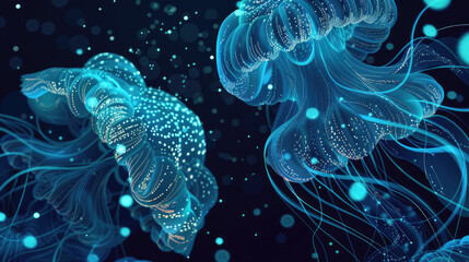 Obraz premium Two luminous jellyfish float effortlessly in dark waters, their translucent bodies glowing with intricate blue patterns and soft light