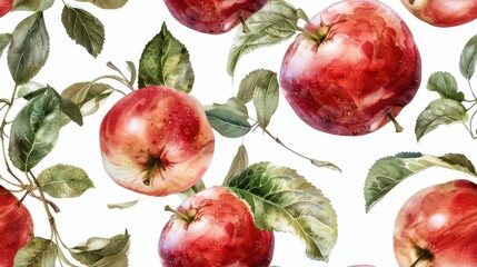 Vibrant watercolor red apples with green leaves on a white background. Artistic and cheerful, ideal for fall and nature-inspired designs.