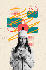 Poster image collage of afraid scared woman panic shock wrong password social media isolated on...