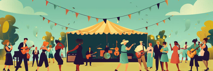 Obraz premium Crowds dance joyfully at a vibrant outdoor music festival, with musicians entertaining under a striped tent in a sunny park