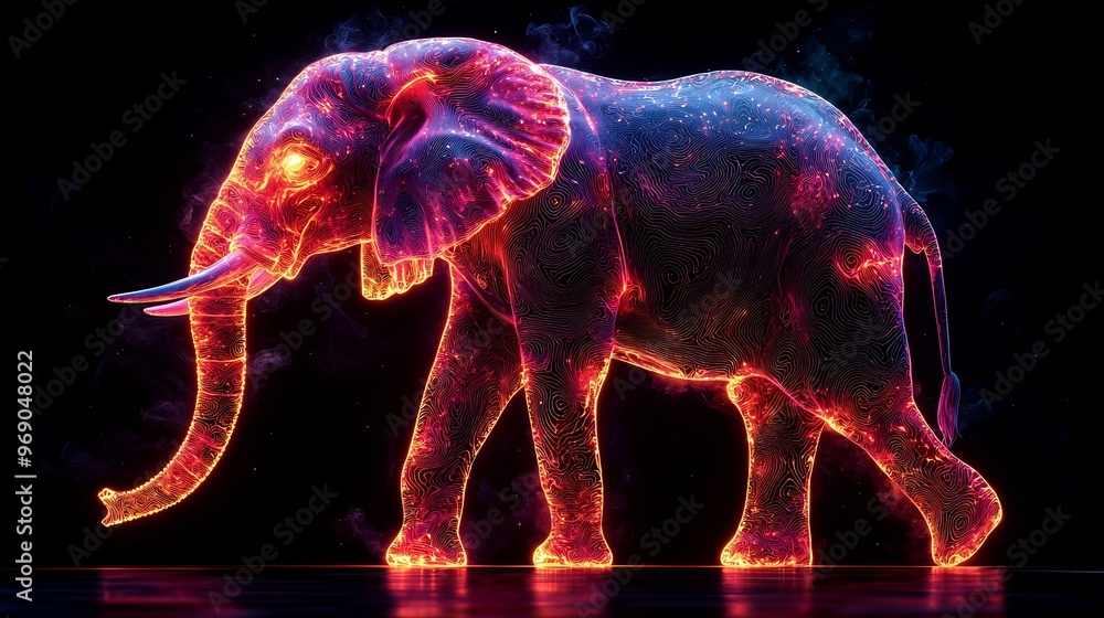 Wall mural semiabstract elephant with its trunk forming vibrant neon patterns symbolizing strength memory and w