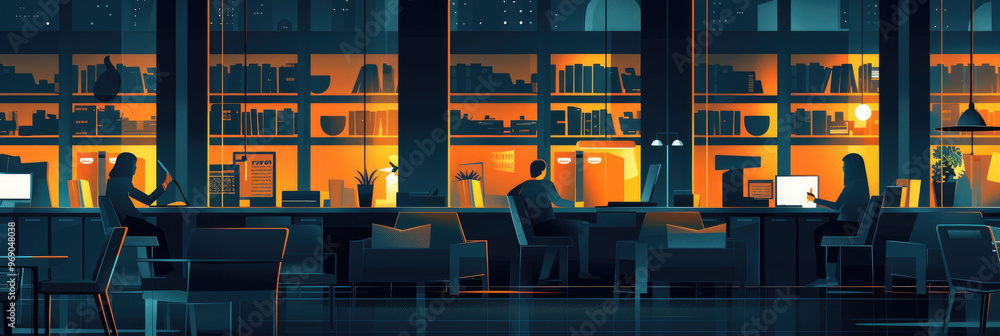 Poster several individuals are focused on their tasks in a warmly lit library filled with books and invitin