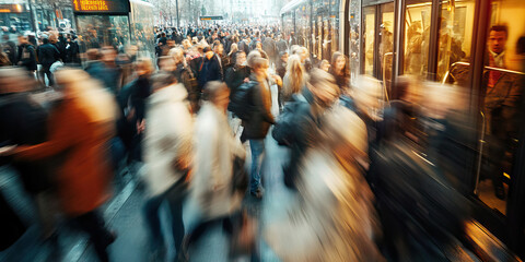 Routine Interrupted: A crowd of commuters fleeing from an unidentified threat at a city bus stop.