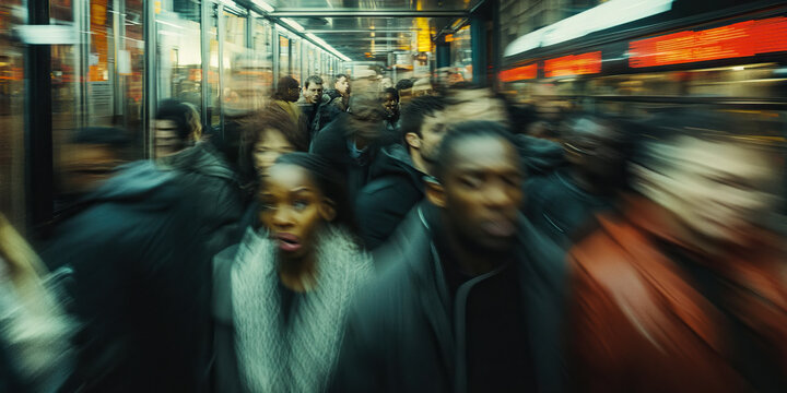 Routine Interrupted: A crowd of commuters fleeing from an unidentified threat at a city bus stop.