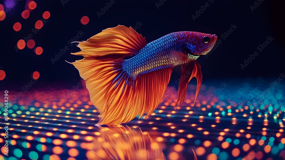 Poster glowing siamese fighting fish against dark with light pattern background image
