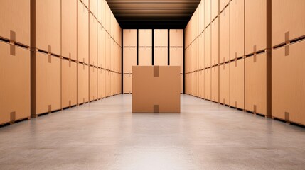 A spacious warehouse interior featuring stacked cardboard boxes and a central box, ideal for logistics and storage concepts.
