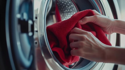 A person removes a red towel from a front-loading washing machine in a laundry room during the day