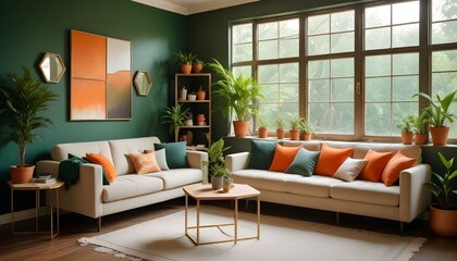 Photo modern style interior room 3d illustration Interior frame living room with colorful white sofa,led with blank frame