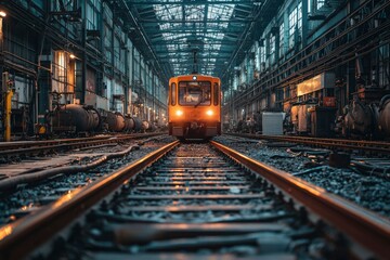 Obraz premium A lone train on railway tracks inside an industrial building