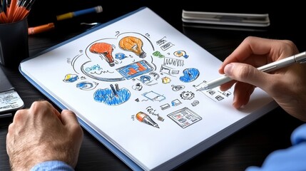 Creative brainstorming session with illustrations and notes on a sketchpad, showcasing innovative ideas and thinking processes.