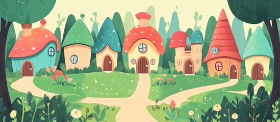 Charming gnome village featuring delightful small homes Enchanting cartoon scenery with a pathway and meadow set against a forest backdrop Ideal for children s illustrations in flat design