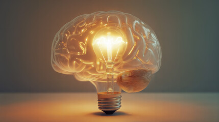 Glowing light bulb inside transparent brain model. Concept of creativity, innovation, and ideas background with copy space