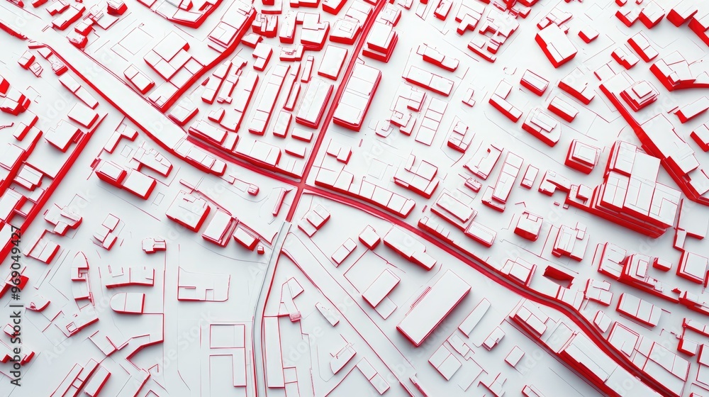 Poster map of streets featuring red lines on a white background aerial view 3d rendering and illustration