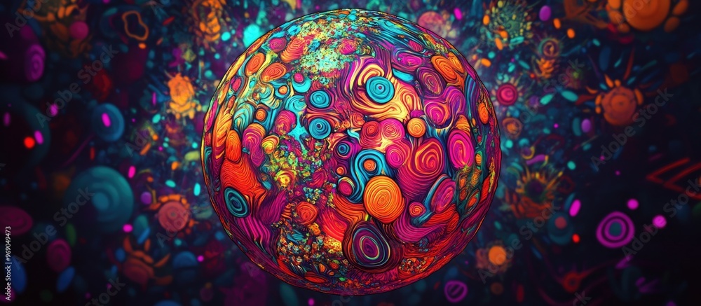 Poster vibrant spherical cluster featuring diverse symbols dynamic round cluster explosion formed by disper
