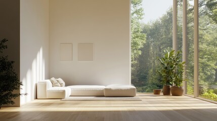 Minimalist white room featuring a sofa on a wooden floor decor on a large wall and a serene landscape visible through the window Nordic style home interior 3D visualization
