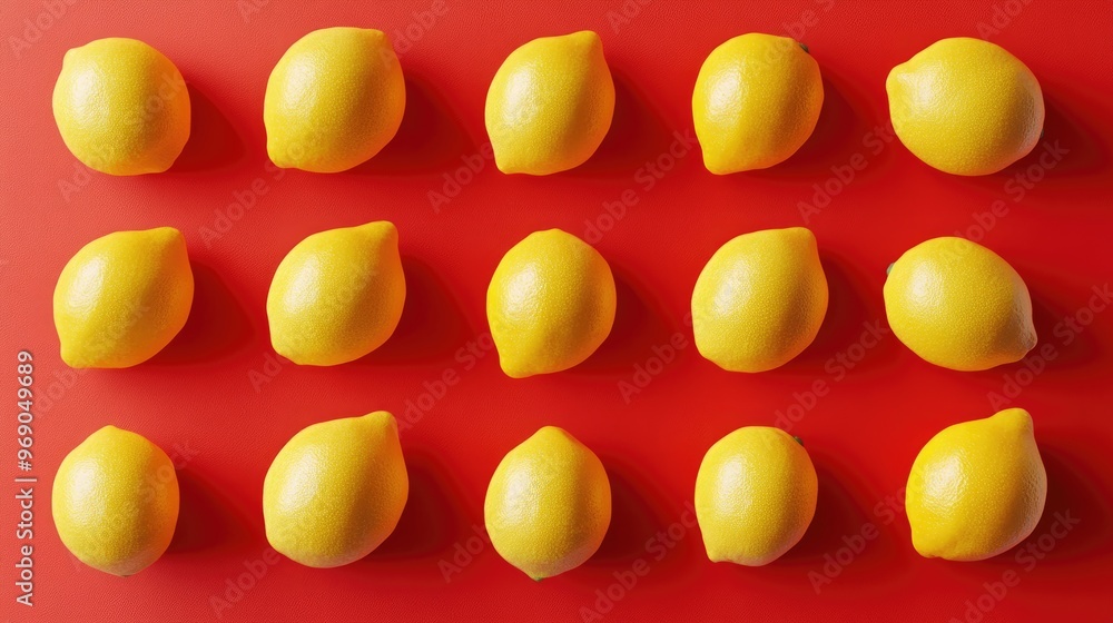 Poster assorted lemons arranged in a symmetrical grid over a vibrant red backdrop aerial perspective 3d ren