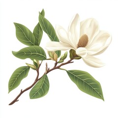 Magnolia with leaves, isolated on white background.