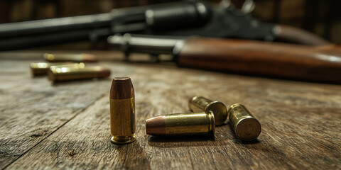 A collection of empty bullet casings scattered on a wooden table, contrasting with vintage rifles in the background.
