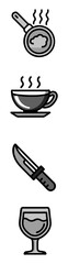 Icon set featuring a steaming sieve, cup, knife, and wine glass in a simple design