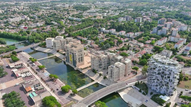 Montpellier, France: Aerial view of famous French historic city in Occitania region, summer day with blue sky - landscape panorama of Europe from above
