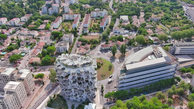 Montpellier, France: Aerial view of famous French historic city in Occitania region, summer day with blue sky - landscape panorama of Europe from above
