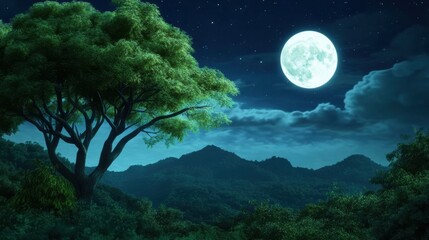 Fototapeta premium A full moon shining over a green forest with trees, AI