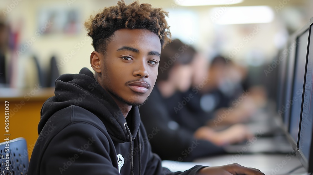 Poster a young man with a beard and dreadlocks is sitting in front of a computer. he is wearing a black hoo