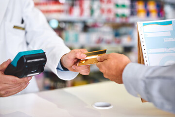 Pharmacy, credit card and payment with hands of people in store for medicine, advice and consulting. Medical, insurance and antibiotic prescription with pharmacist for help, drugstore and healthcare