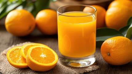 Glass of fresh orange juice with whole and halved oranges placed on a wooden table. Refreshing, healthy, and perfect for breakfast or snacks.