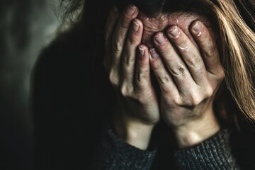 A close-up of a persons face hands tightly gripping