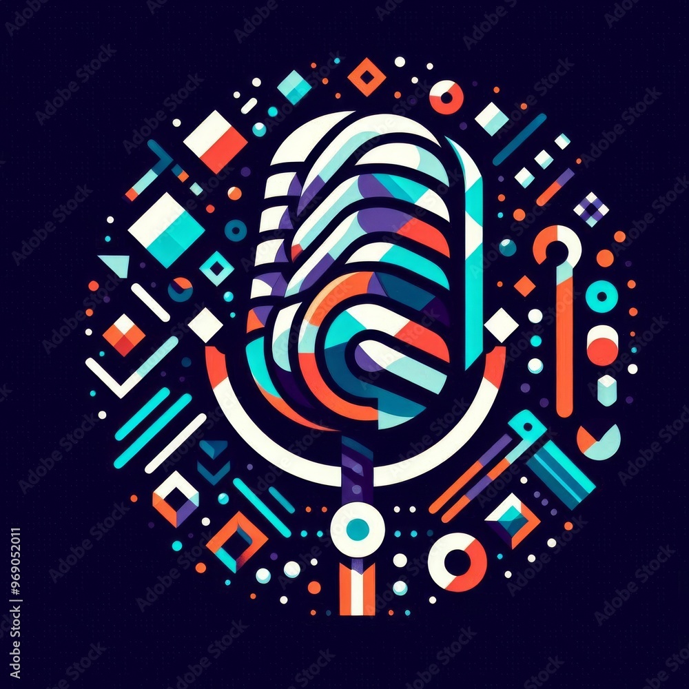 Poster a colorful and abstract illustration of a microphone, featuring circular geometric patterns. the dyn