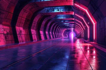 An abstract tunnel illuminated by neon lights, creating a sense of hyper speed flight and vibrant colors.
