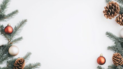 Christmas border with green pine branches, pinecones, stars, and wrapped gifts isolated on white background. Rustic holiday decoration concept.