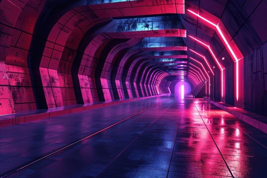 An abstract tunnel illuminated by neon lights, creating a sense of hyper speed flight and vibrant colors.